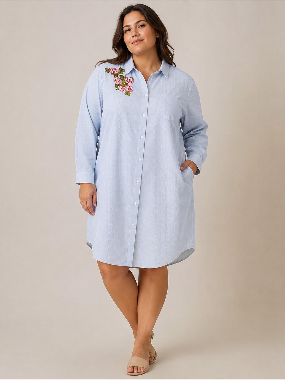 Anthology Womens Sz US 16 Blue Stripe Shirt Dress Floral Embroidery Button Front